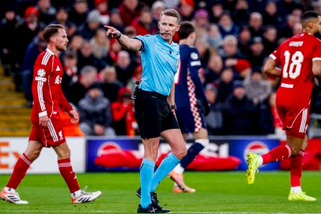 referee Alejandro Hernandez gestures Liverpool FC v PSV Eindhoven, UEFA Champions League 2025 26 League Phase MD5, Liverpool FC v PSV Eindhoven, Anfield, November 26, 2025, Liverpool, United Kingdom.