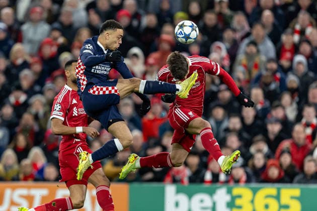 Liverpool v PSV Eindhoven Champions League 26 11 2025. PSV Eindhoven defender Sergino Dest (8) clears ball from Liverpool defender Milos Kerkez (6) during the Champions League match between Liverpool and PSV Eindhoven at Anfield, Liverpool, England on 26 November 2025. Editorial use only , Copyright: xManjitxNarotrax PSI-23272-0005