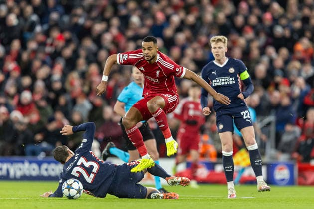 Liverpool v PSV Eindhoven Champions League 26 11 2025. Liverpool forward Cody Gakpo (18) rides tackle during the Champions League match between Liverpool and PSV Eindhoven at Anfield, Liverpool, England on 26 November 2025. Editorial use only , Copyright: xManjitxNarotrax PSI-23272-0010