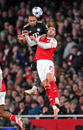 26 11 2025, Football UEFA Championsleague 2025 2026 Preliminary Round 5 Matchday, FC Arsenal FC Bayern Munich, at Emirates Stadium London England v l Jonathan Tah FC Bayern Munich v Mikel Merino FC Arsenal DFL and DFB regulations prohibit any use of photographs as image sequences and or quasi video