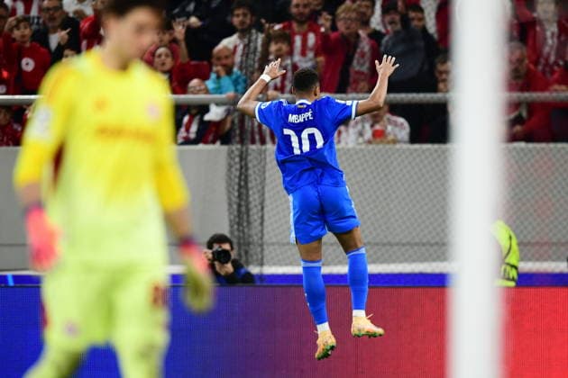 November 26, 2025, Piraeus, Piraeus, Greece: Kylian Mbappe of Real Madrid CF celebrates a goal during the UEFA Champions League 2025 26 League Phase MD5 match between Olympiacos FC and Real Madrid C.F. at Stadio Georgios Karaiskakis on November 26, 2025 in Piraeus, Greece. Piraeus Greece - ZUMAa181 20251126_zaa_a181_228 Copyright: xEurokinissix