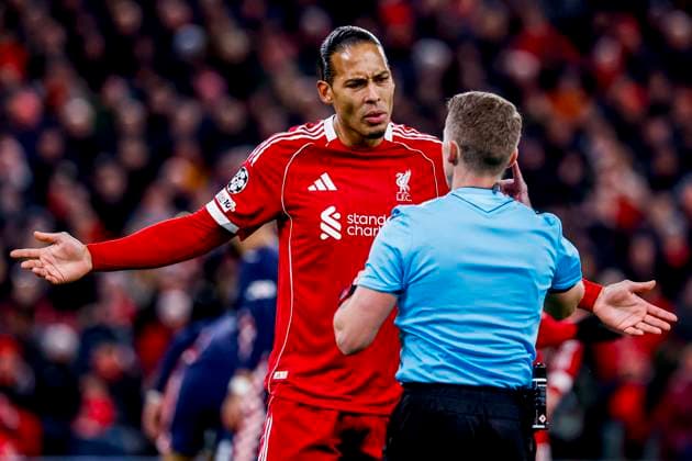 Virgil van Dijk of Liverpool FC gestures at referee Alejandro Hernandez Liverpool FC v PSV Eindhoven, UEFA Champions League 2025 26 League Phase MD5, Liverpool FC v PSV Eindhoven, Anfield, November 26, 2025, Liverpool, United Kingdom.