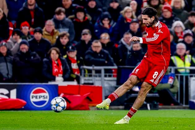 Dominik Szoboszlai of Liverpool FC shoots Liverpool FC v PSV Eindhoven, UEFA Champions League 2025 26 League Phase MD5, Liverpool FC v PSV Eindhoven, Anfield, November 26, 2025, Liverpool, United Kingdom.