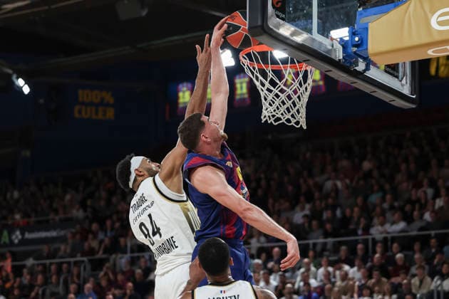 November 26, 2025, Barcelona, Barcelona, Spain: Joel Parra of FC Barcelona, Barca and Armel Traore of LDLC Asvel Villeurbanne in action during the EuroLeague Regular Season Round 13 match played between FC Barcelona and LDLC Asvel Villeurbanne at Palau Blaugrana on November 26, 2025 in Barcelona, Spain. Barcelona Spain - ZUMAa181 20251126_zaa_a181_262 Copyright: xJavierxBorregox