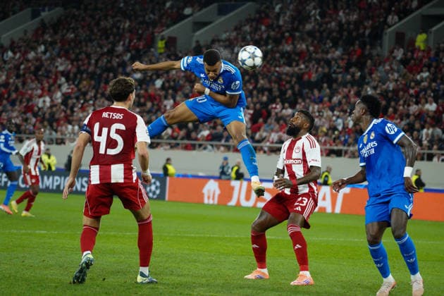 November 26, 2025, Athens, Athens, Greece: KYLIAN MBAPPE takes the header and scores the match between Olympiacos and Real Madrid for Matchday 5 of the UEFA Champions League at Karaiskakis Stadium on 26 11 2025 Athens Greece - ZUMAa226 20251126_zip_a226_010 Copyright: xGiorgosxArapekosx