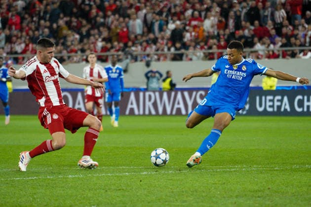 November 26, 2025, Athens, Athens, Greece: KYLIAN MBAPPE scores his first goal during the match between Olympiacos and Real Madrid for Matchday 5 of the UEFA Champions League at Karaiskakis Stadium on 26 11 2025 Athens Greece - ZUMAa226 20251126_zip_a226_012 Copyright: xGiorgosxArapekosx