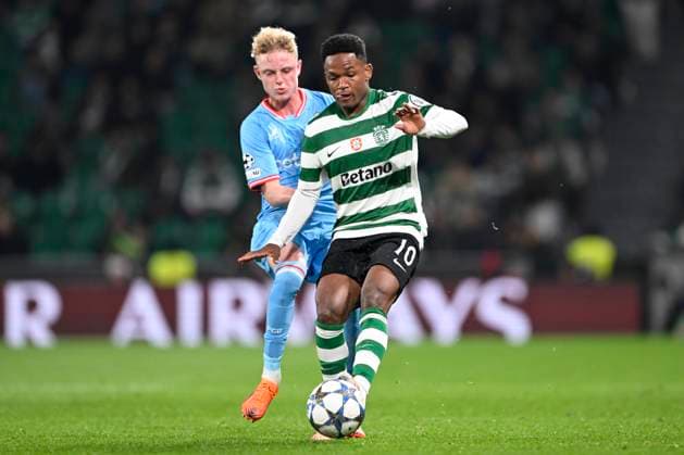 Sporting CP v Club Brugge - UEFA Champions League LISBON, PORTUGAL - NOVEMBER 26 : Seys Joaquim defender of Club Brugge and Catamo Geny forward of Sporting CP during the UEFA Champions League 2025 26 League Phase MD5 match between Sporting CP and Club Brugge on November 26, 2025 in Lisbon, Portugal, 26 11 2025 Lisbon Portugal  Copyright: xNicoxVereeckenx