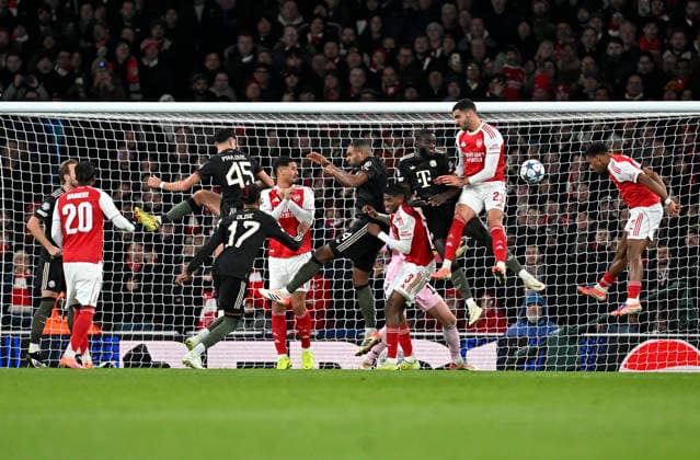26 11 2025, Football UEFA Champions League 2025 2026 Preliminary Round 5 Matchday, FC Arsenal FC Bayern Munich, at Emirates Stadium London England v l Noni Madueke FC Arsenal , Harry Kane FC Bayern Munich , Aleksandar Pavlovic Bayern Munich , Michael Olise FC Bayern Munich , Jonathan Tah FC Bayern Munich , Christhian Mosquera FC Arsenal , Dayot Upamecano FC Bayern Munich and Mikel Merino FC Arsenal DFL and DFB regulations prohibit any use of photographs as image sequences and or quasi video