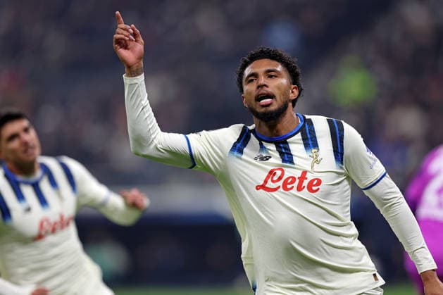 26 11 2025, xovx, Football UEFA Champions League, Eintracht Frankfurt BC Atalanta Bergamo Ederson Atalanta Bergamo celebrates the goal to 0 2 DFL DFB REGULATIONS PROHIBIT ANY USE OF PHOTOGRAPHS as IMAGE SEQUENCES and or QUASI VIDEO Frankfurt am Main Deutsche Bank Park Hessen Germany EN