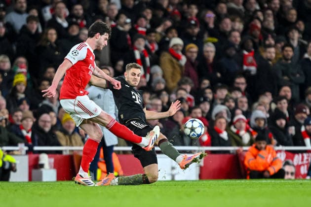 Declan Rice Arsenal FC and Josip StaniÅ¡iÄ‡ Bayern Muenchen battle for the ball during the UEFA Champions League 2025 26 League Phase MD5 match between Arsenal FC and FC Bayern München at Arsenal Stadium on November 26, 2025 in London, United Kingdom Photo by Harry Langer DeFodi Images