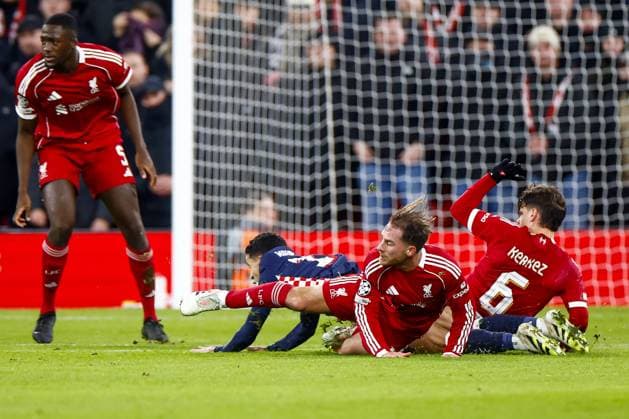 LIVERPOOL - (l-r) Ibrahima KonatÃ of Liverpool FC, Mauro Junior of PSV Eindhoven, Alexis Mac Allister of Liverpool FC, Milos Kerkez of Liverpool FC during the Champions League match between Liverpool FC and PSV Eindhoven at Anfield Stadium on November 26, 2025, in Liverpool, United Kingdom. ANP SEM VAN DER WAL UEFA Champions League Matchday 5 2025-2026 xVIxANPxSportx xxANPxIVx 543156122 originalFilename: 543156122.jpg
