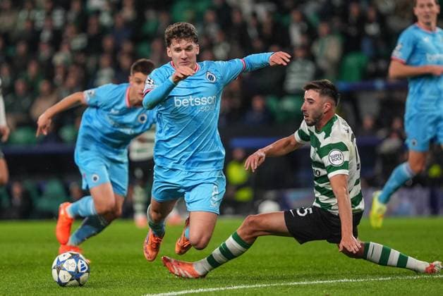 Club s Christos Tzolis pictured in action during a soccer game between Portuguese Sporting Clube de Portugal and Belgian Club Brugge KV, on Wednesday 26 November 2025 in Lisboa, Portugal, on day five of the League phase of the UEFA Champions League tournament. JOMAxGARCIAxIxGISBERT  x144503553x