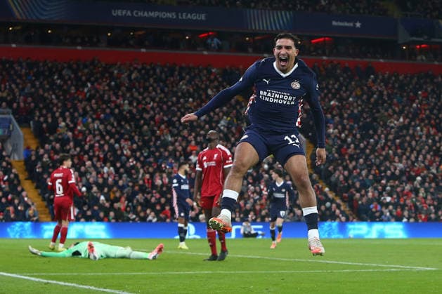 Couhaib Driouech of PSV celebrates scoring their sides third goal Liverpool v PSV Eindhoven, UEFA Champions League, Group Stage, Football, Anfield, Liverpool, UK- 26 Nov 2025Liverpool Anfield United Kingdom EDITORIAL USE ONLY No use with unauthorised audio, video, data, fixture lists, club league logos or live services. Online in-match use limited to 120 images, no video emulation. No use in betting, games or single club league player publications. Copyright: xPhilxOldham Shutterstockx 15927967ba