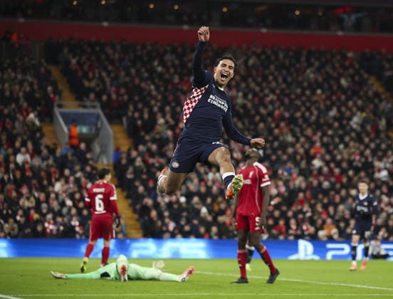 Liverpool v PSV Eindhoven, UEFA Champions League, League Phase 26.11.25 Liverpool v PSV Eindhoven, UEFA Champions League, League Phase Bradley Ormesher The Times Couhaib Driouech of PSV scores and celebrates scoring his teams 3rd goal  Copyright: xBradleyxOrmesherx NINTCHDBPICT001041283532