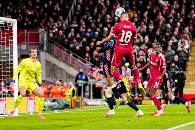 LIVERPOOL, ENGLAND - NOVEMBER 26: Cody Gakpo of Liverpool heads the ball during the UEFA Champions League 2025 26 League Phase MD5 match between Liverpool FC and PSV Eindhoven at Anfield on November 26, 2025 in Liverpool, England. (Photo by Rene Nijhuis) SPO  Copyright: xRenexNijhuis