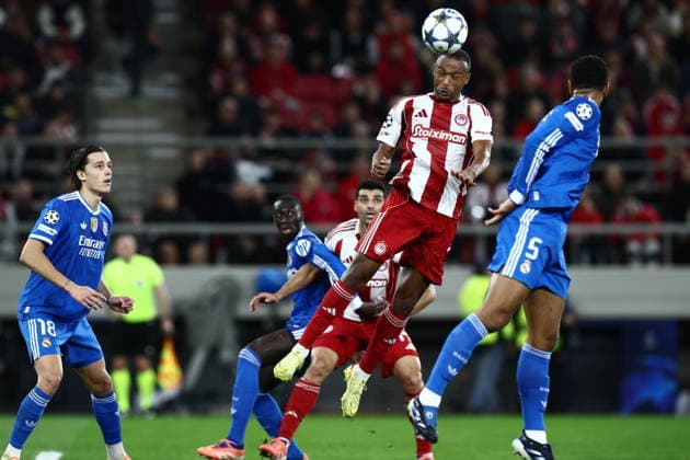 UEFA Champions League, Olympiacos Piraeus vs Real Madrid - Ayoub El Kaabi of Olympiacos Piraeus in action while scoring the 3-4 during the UEFA Champions League Phase matchday 5 soccer match between Olympiacos Piraeus and Real Madrid held at Georgios Karaiskakis Stadium in Piraeus, Greece, 26 November 2025. IMAGO ONE INCH PRODUCTIONS PIRAEUS Greece Copyright: xONExINCHxPRODUCTIONSx 6752046