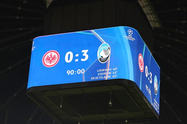 Post-match scoreboard , Germany, Football, UEFA Champions League, Matchday 5, 2025 2026, Eintracht Frankfurt vs Atalanta Bergamo, 26 11 2025, Deutsche Bank Park, Frankfurt am Main, Germany Frankfurt am Main Deutsche Bank Park Hessen Germany Copyright: xGrantxHubbsx