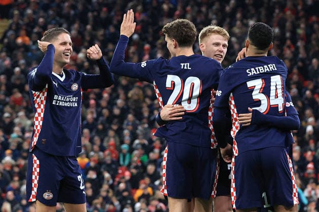 26th November 2025; Anfield, Liverpool, Merseyside, England; UEFA Champions League Football, Liverpool versus PSV Eindhoven; Guus Til of PSV Eindhoven celebrates after scoring for 1-2 after 56 minutes  DavidxBlunsden
