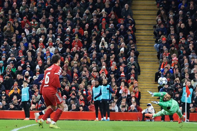 26th November 2025; Anfield, Liverpool, Merseyside, England; UEFA Champions League Football, Liverpool versus PSV Eindhoven; Couhaib Driouech of PSV Eindhoven beats Giorgi Mamardashvili of Liverpool to score for 1-3 after 73 minutes  DavidxBlunsden