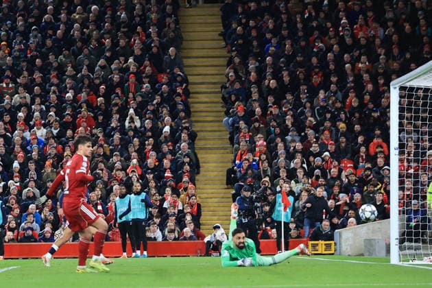 26th November 2025; Anfield, Liverpool, Merseyside, England; UEFA Champions League Football, Liverpool versus PSV Eindhoven; Couhaib Driouech of PSV Eindhoven beats Giorgi Mamardashvili of Liverpool to score for 1-3 after 73 minutes  DavidxBlunsden