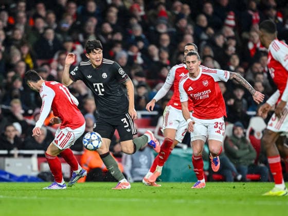 Gabriel Martinelli Arsenal FC , Min jae Kim Bayern Muenchen and Riccardo Calafiori Arsenal FC battle for the ball during the UEFA Champions League 2025 26 League Phase MD5 match between Arsenal FC and FC Bayern München at Arsenal Stadium on November 26, 2025 in London, United Kingdom Photo by Harry Langer DeFodi Images