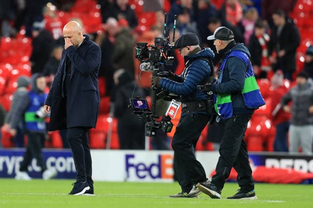 26th November 2025; Anfield, Liverpool, Merseyside, England; UEFA Champions League Football, Liverpool versus PSV Eindhoven; Liverpool manager Arne Slot shows his dejection at full time  DavidxBlunsden
