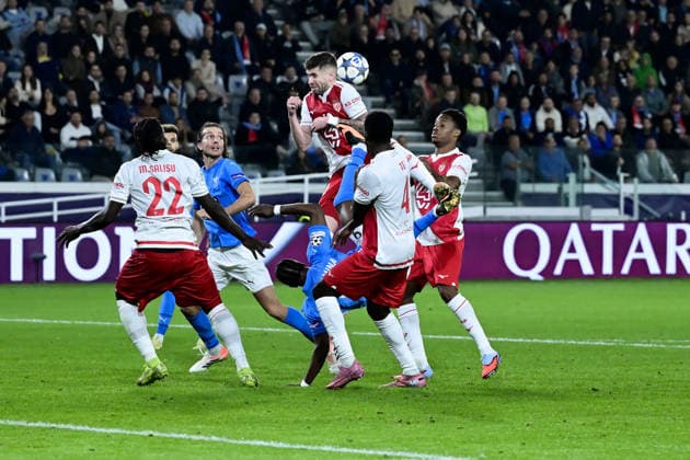 November 26, 2025, Limassol, Limassol, Cyprus: MONS BASSOUAMINA 9 of Pafos FC and CAIO HENRIQUE 12 of Monaco FC in action during the UEFA Champions League phase matchday 5 game beetwen Pafos FC and Monaco FC at Alphamega Stadium in Kolossi,Limassol,Cyprus on 26 of November r 2025 Limassol Cyprus - ZUMAk195 20251126_znp_k195_078 Copyright: xXenophonxKarakalosx