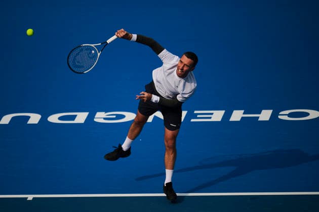 CHENGDU, CHINA - NOVEMBER 26: Mikhail Kukushkin of Kazakhstan competes in the Men s Singles first round match against Mo Yecong of China on day 3 of 2026 Australian Open Asia-Pacific Wildcard Playoffs at the Sichuan International Tennis Centre on November 26, 2025 in Chengdu, Sichuan Province of China.  Copyright: xVCGx 111606115734