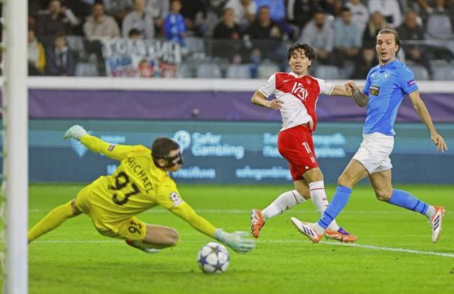 Football: Champions League Takumi Minamino (C) of Monaco opens the scoring in the first half of a Champions League football match against Pafos on Nov. 26, 2025, in Limassol, Cyprus.  A14AA0005066408P