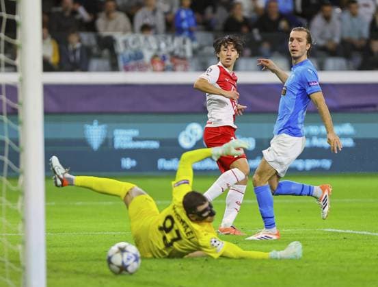 Football: Champions League Takumi Minamino (C) of Monaco opens the scoring in the first half of a Champions League football match against Pafos on Nov. 26, 2025, in Limassol, Cyprus.  A14AA0005066410P
