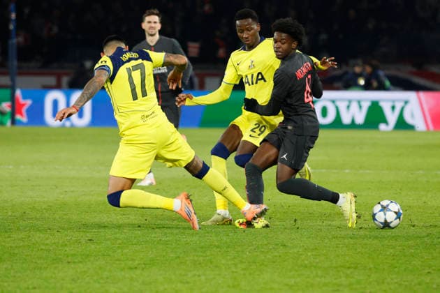 Champions League match - PSG vs Tottenham PSG’s Quentin Ndjantou battles Tottenham’s Pape Sarr and Cristian Romero during the 2025-26 Champions League phase game, PSG vs Tottenham In Parc des Princes Stadium, Paris, France on November 26th 2025. Photo by Henri Szwarc ABACAPRESS.COM Paris France  Copyright: xSzwarcxHenri ABACAx