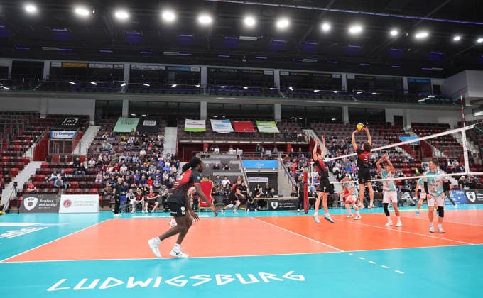 Ludwigsburg , Zoi DVV Cup quarter-final , Barock Volleys MTV Ludwigsburg vs Powervolleys Düren , Overview MHP Arena with match scene