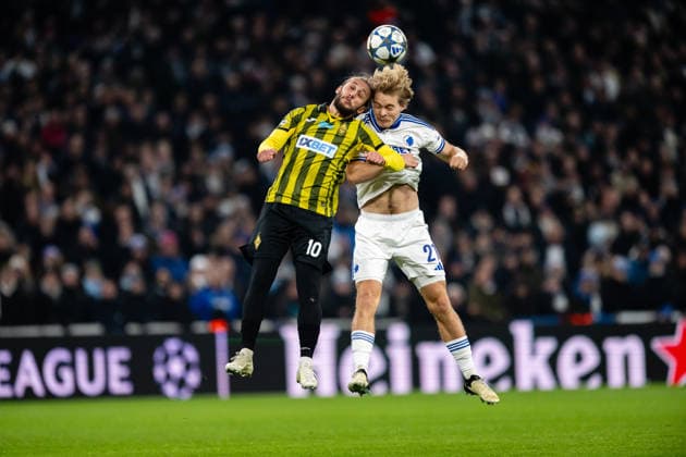 FC Copenhagen v Kairat Almaty, UEFA Champions League, Copenhagen, Denmark Copenhagen, Denmark. 26th, November 2025. Giorgi Zaria (10) of Kairat Almaty and Mads Emil Madsen (21) of FC Copenhagen seen during the UEFA Champions League match between FC Copenhagen and Kairat Almaty at Parken in Copenhagen. Denmark, Copenhagen  Copyright: xGonzalesxPhoto TobiasxJorgensenx