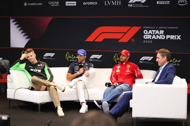 Lewis Hamilton Scuderia Ferrari HP, 44 , Carlos Sainz Atlassian Williams Racing, 55 , Nico Huelkenberg Stake F1 Team Kick Sauber, 27 , QAT, Formula 1 World Championship, Qatar Grand Prix, Doha, Lusail, Lusail International Circuit, Media Day, 27 11 2025 QTR, Formula 1 World Championship, Qatar Grand Prix, Doha, Lusail, Lusail International Circuit, Media Day, 27 11 2025 Doha Copyright: xEibner-Pressefoto AnnikaxGrafx EP_AGF