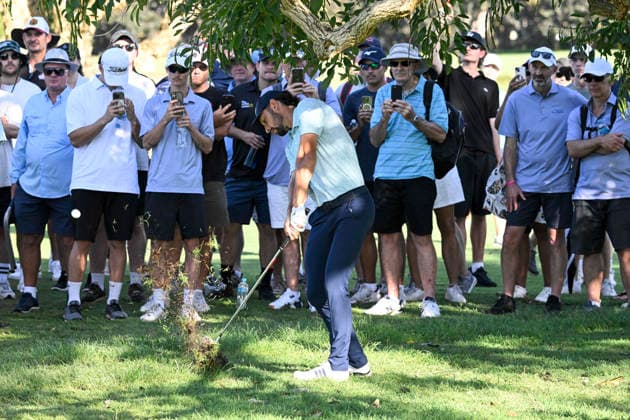 27th November 2025; Royal Queensland Golf Club, Brisbane, Queensland, Australia; BMW Australian PGA, Golf Herren Championship Golf, Round One; Marco Penge of England plays a recovery shot from the rough  NigelxOwen