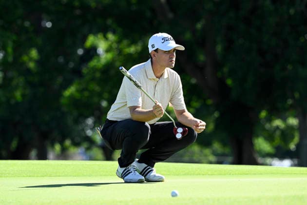 27th November 2025; Royal Queensland Golf Club, Brisbane, Queensland, Australia; BMW Australian PGA, Golf Herren Championship Golf, Round One; Daniel Rodrigues of Portugal waits for his turn to putt on the green  NigelxOwen
