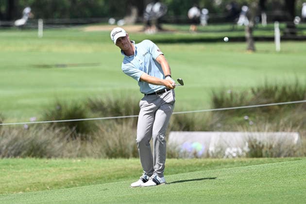 27th November 2025; Royal Queensland Golf Club, Brisbane, Queensland, Australia; BMW Australian PGA, Golf Herren Championship Golf, Round One; Phoenix Campbell of Australia plays a chip shot from the fairway  NigelxOwen