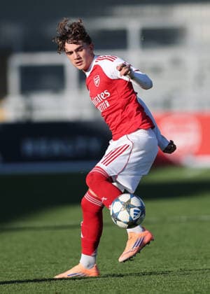 Borehamwood, England, 26th November 2025. Max Dowman of Arsenal during the Arsenal U19 vs Bayern Munich U19 UEFA Youth League match at Meadow Park, Borehamwood. Picture credit should read: David Klein Sportimage EDITORIAL USE ONLY. No use with unauthorised audio, video, data, fixture lists, club league logos or live services. Online in-match use limited to 120 images, no video emulation. No use in betting, games or single club league player publications. SPI_023_DK_Arsenal_U19_Bayern_Munich_U19 SPI-4327-0023
