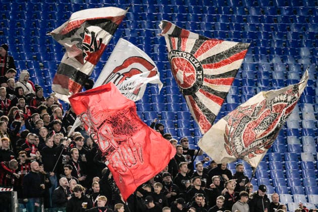 November 27, 2025, Rome, Italy: Supporters of Midtjylland with flags during the UEFA Europa League fifth round of the league phase soccer match between AS Roma and FC Midtjylland at the Olimpico stadium in Rome, Italy, 27 November 2025. ANSA RICCARDO ANTIMIANI. Soccer: Europa League; Roma Vs Midtjylland  - ZUMAa110 20251127_zaf_a110_004 Copyright: xRiccardoxAntimianix