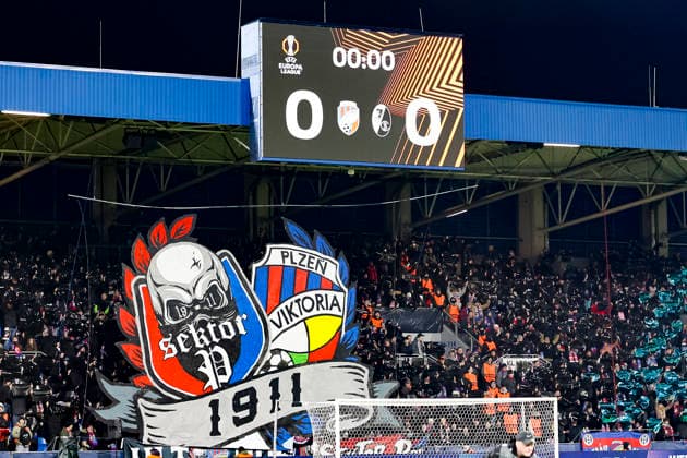 Fan block and scoreboard before kick-off , Czech Republic, Football, UEFA Europa League, Matchday 5, 2025 2026, Viktoria Pilsen vs SC Freiburg, 27 11 2025, Stadion mesta Plzne, Pilsen, Czech Republic Pilsen Stadion mesta Plzne Czech Republic Copyright: xGrantxHubbsx