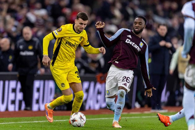 Aston Villa v BSC Young Boys Europa League 27 11 2025. Young Boys midfielder Darian Males (39) battles for possession with Aston Villa defender Lamare Bogarde (26) during the Europa League match between Aston Villa and BSC Young Boys at Villa Park, Birmingham, England on 27 November 2025. Editorial use only , Copyright: xManjitxNarotrax PSI-23289-0032