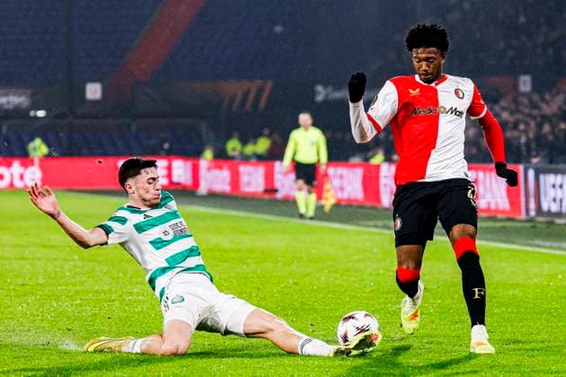 Gaoussou Diarra of Feyenoord Rotterdam battles for possession with Colby Donovan of Celtic FC Feyenoord Rotterdam v Celtic FC, UEFA Europa League 2025 26 League Phase MD5, Feyenoord v Celtic FC, De Kuip, November 27, 2025, Rotterdam, Netherlands.