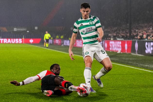 ROTTERDAM, NETHERLANDS - NOVEMBER 27: Jordan Lotomba of Feyenoord challenges Kieran Tierney of Celtic during the UEFA Europa League 2025 26 League Phase MD5 match between Feyenoord and Celtic FC at De Kuip on November 27, 2025 in Rotterdam, Netherlands. (Photo by Rene Nijhuis) SPO  Copyright: xRenexNijhuis