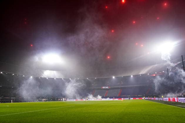 ROTTERDAM, NETHERLANDS - NOVEMBER 27: Fireworks ar seen in the sky after Feyenoord scored 1-0 during the UEFA Europa League 2025 26 League Phase MD5 match between Feyenoord and Celtic FC at De Kuip on November 27, 2025 in Rotterdam, Netherlands. (Photo by Rene Nijhuis) SPO  Copyright: xRenexNijhuis