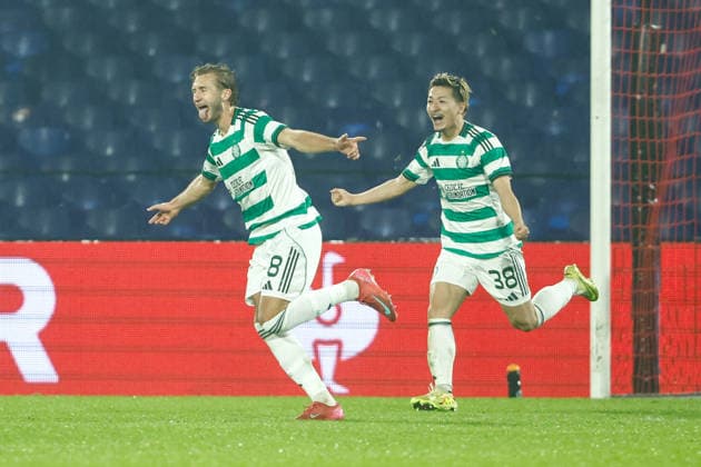 2025-11-27 Feyenoord v Celtic FC - UEFA Europa League, League phase, MD5 ROTTERDAM, NETHERLANDS - NOVEMBER 27: Benjamin Nygren of Celtic FC celebrates after scoring his teams third goal during the UEFA Europa League, League phase, MD5 match between Feyenoord and Celtic FC at Stadion Feijenoord on November 27, 2025 in Rotterdam, Netherlands. Rotterdam Stadion Feijenoord Netherlands Content not available for redistribution in The Netherlands directly or indirectly through any third parties. Copyright: xBroerxvanxdenxBoomx