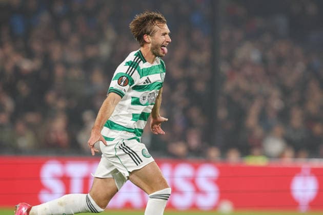 2025-11-27 Feyenoord v Celtic FC - UEFA Europa League, League phase, MD5 ROTTERDAM, NETHERLANDS - NOVEMBER 27: Benjamin Nugren of Celtic FC celebrates after scoring the third goal of the team during the UEFA Europa League, League phase, MD5 match between Feyenoord and Celtic FC at Stadion Feijenoord on November 27, 2025 in Rotterdam, Netherlands. Rotterdam Stadion Feijenoord Netherlands Content not available for redistribution in The Netherlands directly or indirectly through any third parties. Copyright: xHansxvanxderxValkx