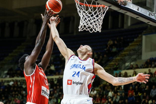 Serbia v Switzerland - FIBA World Cup European Qualifiers BELGRADE, SERBIA - NOVEMBER 27: Nikola Tanaskovic (24) of Serbia in action against Yasmin Mambo (43) of Switzerland during the FIBA World Cup European Qualifiers group C first round basketball match between Serbia and Switzerland at Aleksandar Nikolic Hall in Belgrade, Serbia on November 27, 2025. Filip Stevanovic Anadolu Belgrade Serbia. Editorial use only. Please get in touch for any other usage.  Copyright: x2025xAnadoluxFilipxStevanovicx