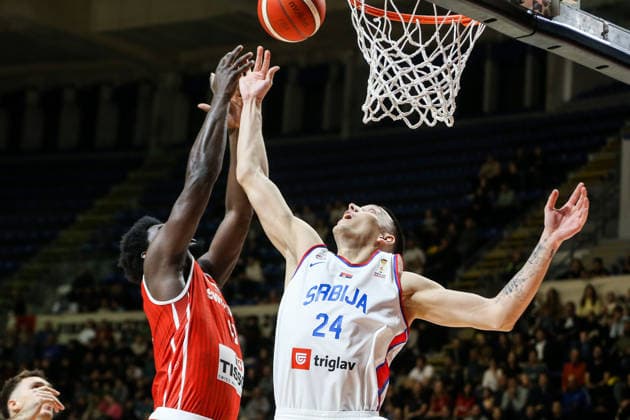 Serbia v Switzerland - FIBA World Cup European Qualifiers BELGRADE, SERBIA - NOVEMBER 27: Nikola Tanaskovic (24) of Serbia in action against Yasmin Mambo (43) of Switzerland during the FIBA World Cup European Qualifiers group C first round basketball match between Serbia and Switzerland at Aleksandar Nikolic Hall in Belgrade, Serbia on November 27, 2025. Filip Stevanovic Anadolu Belgrade Serbia. Editorial use only. Please get in touch for any other usage.  Copyright: x2025xAnadoluxFilipxStevanovicx