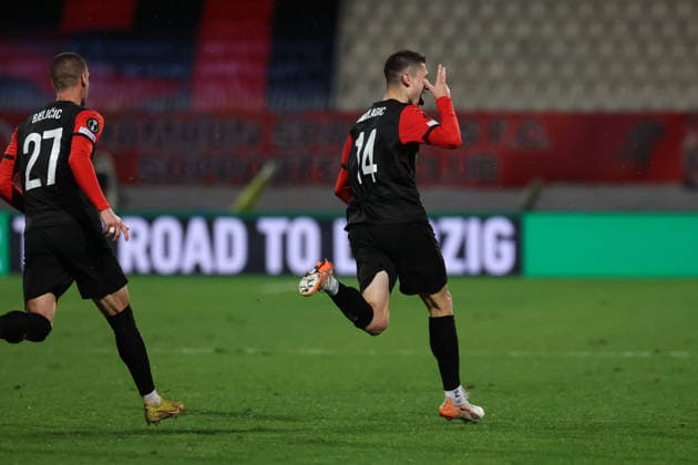Semir Smajlagic of Hamrun Spartans celebrates scoring the 2-1 during the UEFA Conference League league phase match-day 4 match between Hamrun Spartans FC and Lincoln Red Imps, at the National Stadium, in Ta Qali, Malta, on 27 November 2025. (Photo by Domenic Aquilina) UEFA Conference League - Hamrun vs Lincoln Red Imps
