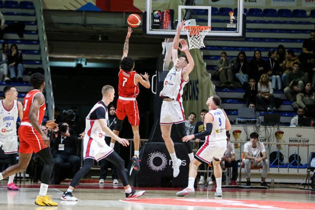 Serbia v Switzerland - FIBA World Cup European Qualifiers BELGRADE, SERBIA - NOVEMBER 27: Selim Fofana (7) of Switzerland in action against Balsa Koprivica (8) of Serbia during the FIBA World Cup European Qualifiers group C first round basketball match between Serbia and Switzerland at Aleksandar Nikolic Hall in Belgrade, Serbia on November 27, 2025. Filip Stevanovic Anadolu Belgrade Serbia. Editorial use only. Please get in touch for any other usage.  Copyright: x2025xAnadoluxFilipxStevanovicx